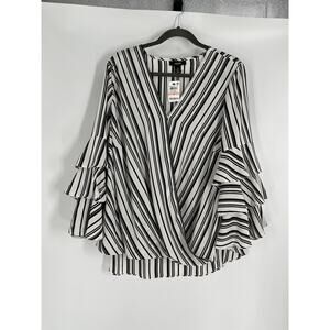 ALFANI WOMAN abstract striped blouse NWT sz 2x ruffled bell sleeves black/white